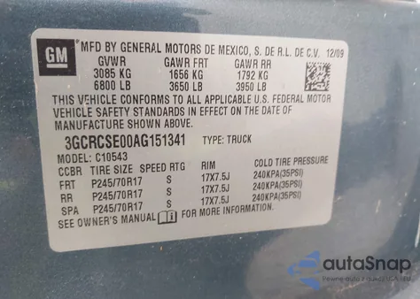 2010 Chevrolet Silverado 1500 Lt из США, поврежденный, VIN 3GCRCSE00AG151341